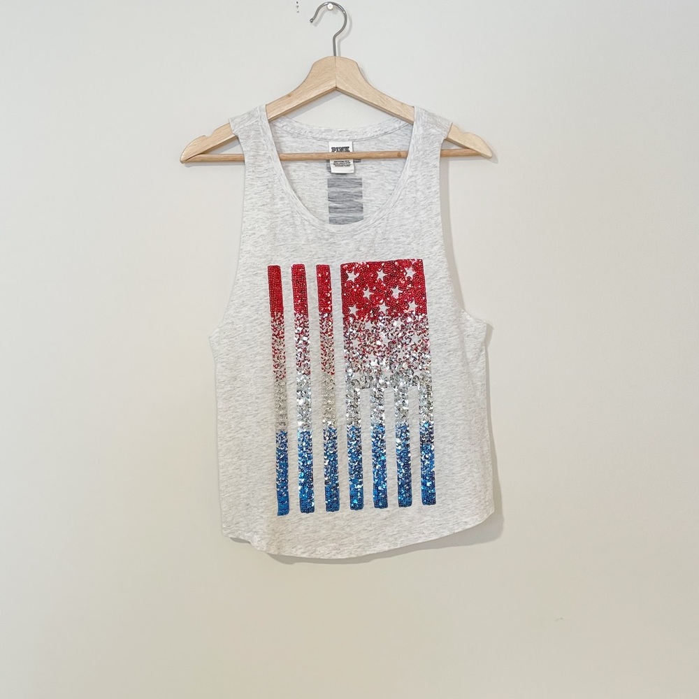 Victoria’s Secret Light Gray Red & Blue Flag Sequin Flag Tank